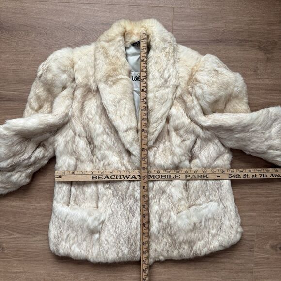 Vintage 80s Wilsons Suede & Leather Rabbit Fur Coat Jacket Womens Medium M Cream - Picture 12 of 13